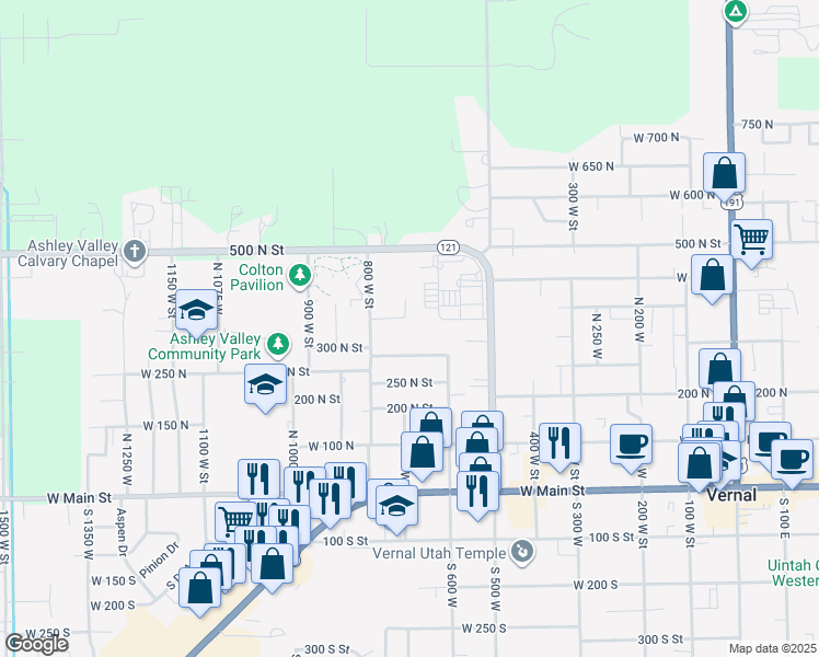 map of restaurants, bars, coffee shops, grocery stores, and more near 365 North 700 West in Vernal
