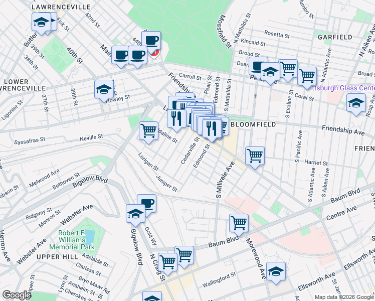 map of restaurants, bars, coffee shops, grocery stores, and more near 348 Cedarville Street in Pittsburgh