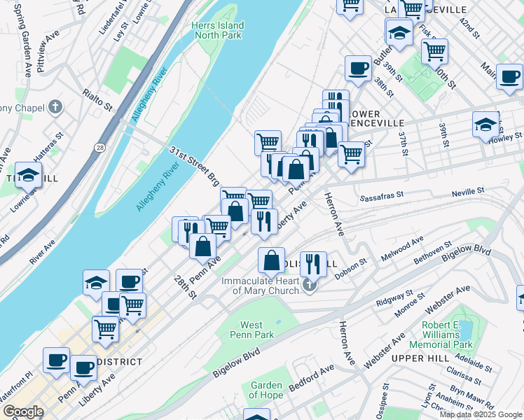 map of restaurants, bars, coffee shops, grocery stores, and more near 3150 Smallman Street in Pittsburgh