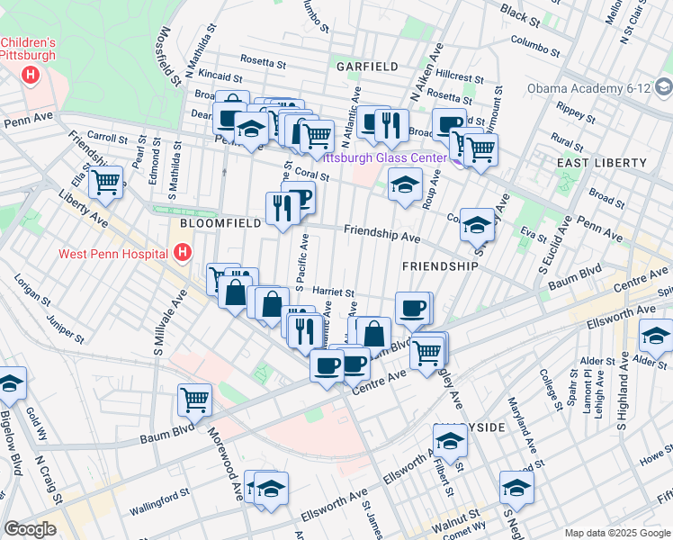 map of restaurants, bars, coffee shops, grocery stores, and more near 351 South Atlantic Avenue in Pittsburgh