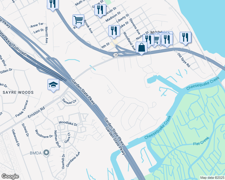 map of restaurants, bars, coffee shops, grocery stores, and more near 3003 Lighthouse Lane in Sayreville