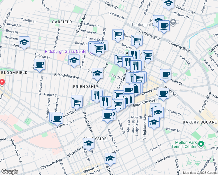 map of restaurants, bars, coffee shops, grocery stores, and more near 225 Amber Street in Pittsburgh