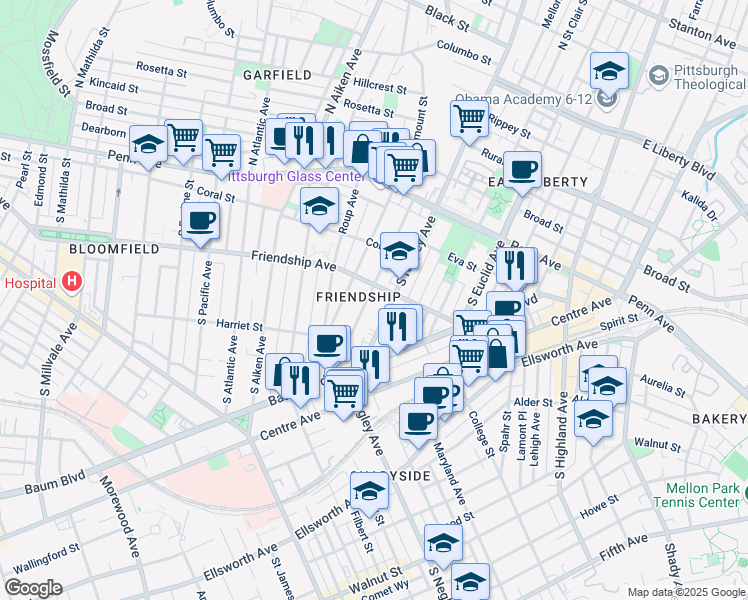 map of restaurants, bars, coffee shops, grocery stores, and more near in Pittsburgh