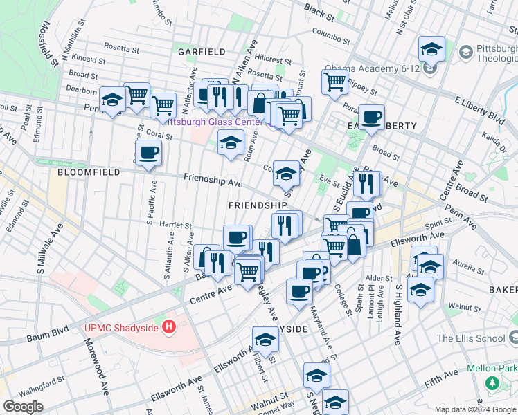 map of restaurants, bars, coffee shops, grocery stores, and more near in Pittsburgh