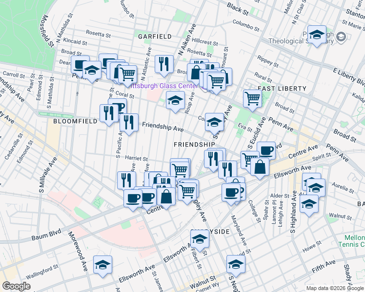 map of restaurants, bars, coffee shops, grocery stores, and more near 307 Roup Avenue in Pittsburgh