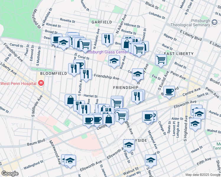 map of restaurants, bars, coffee shops, grocery stores, and more near 326 South Graham Street in Pittsburgh
