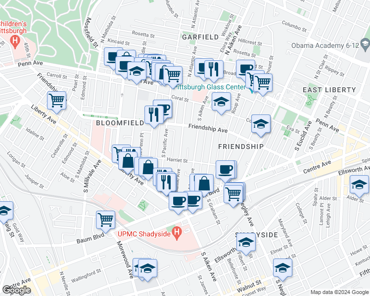 map of restaurants, bars, coffee shops, grocery stores, and more near 342 South Atlantic Avenue in Pittsburgh
