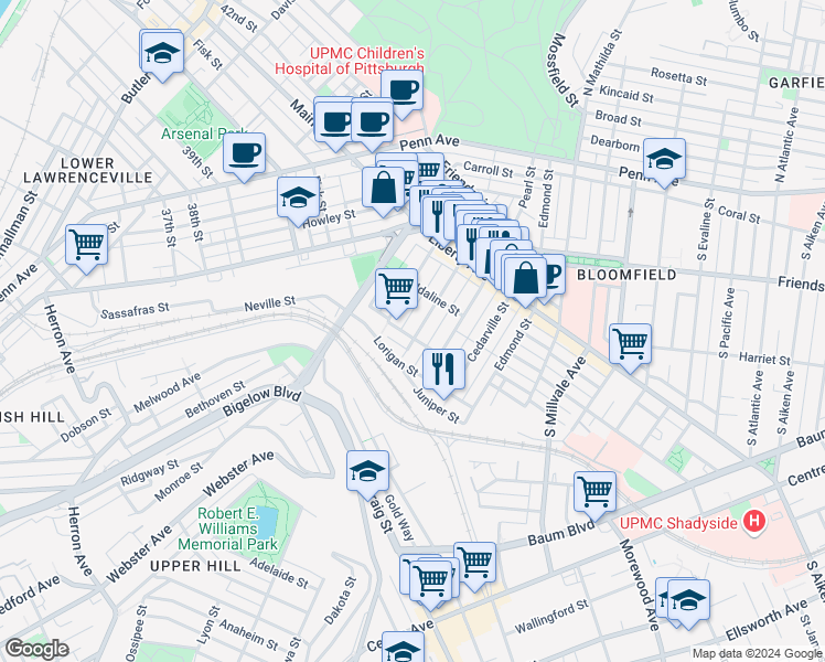 map of restaurants, bars, coffee shops, grocery stores, and more near 425 Orwell Way in Pittsburgh