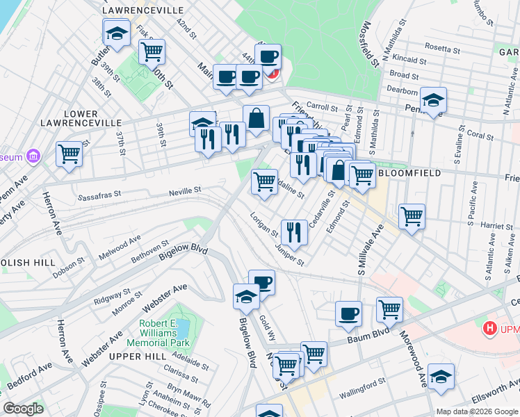 map of restaurants, bars, coffee shops, grocery stores, and more near 425 Orwell Way in Pittsburgh