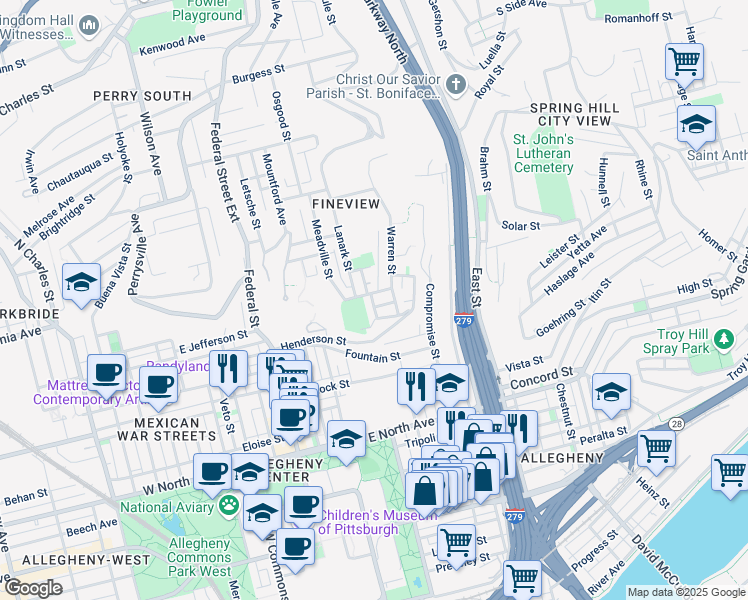 map of restaurants, bars, coffee shops, grocery stores, and more near 1609 Myler Street in Pittsburgh