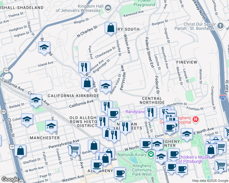 map of restaurants, bars, coffee shops, grocery stores, and more near 1903 Buena Vista Street in Pittsburgh