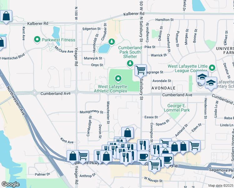 map of restaurants, bars, coffee shops, grocery stores, and more near 1101-1105 Cumberland Avenue in West Lafayette