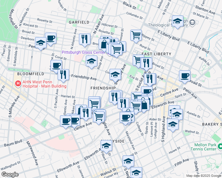 map of restaurants, bars, coffee shops, grocery stores, and more near 302 South Negley Avenue in Pittsburgh