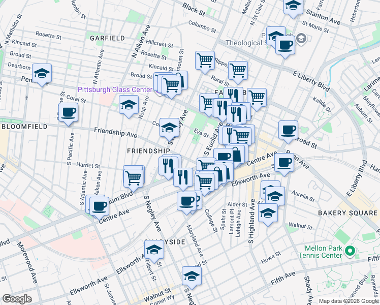 map of restaurants, bars, coffee shops, grocery stores, and more near 225 Amber Street in Pittsburgh
