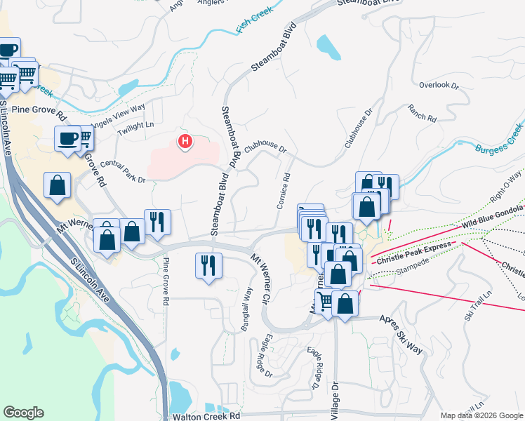 map of restaurants, bars, coffee shops, grocery stores, and more near 1387 Turning Leaf Court in Steamboat Springs