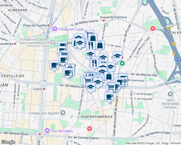 map of restaurants, bars, coffee shops, grocery stores, and more near 24 Calle de Fray Bernardino Sahagún in Madrid
