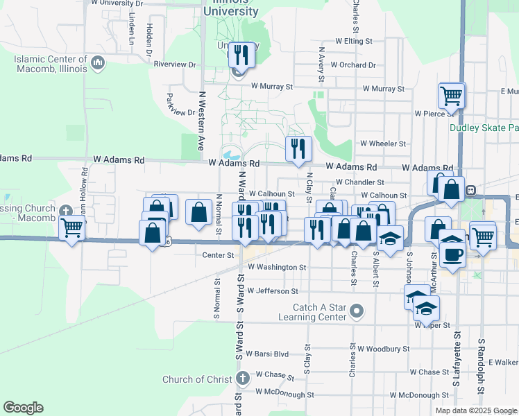 map of restaurants, bars, coffee shops, grocery stores, and more near 216 North Sherman Avenue in Macomb