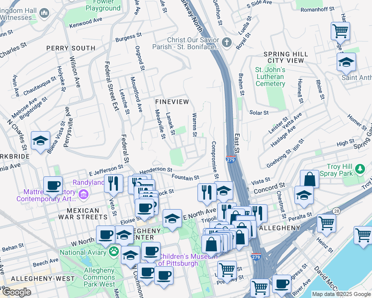 map of restaurants, bars, coffee shops, grocery stores, and more near 1609 Myler Street in Pittsburgh