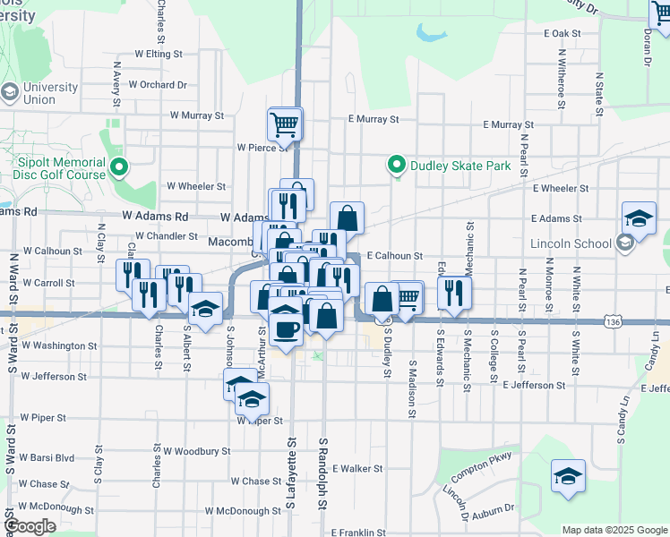 map of restaurants, bars, coffee shops, grocery stores, and more near in Macomb