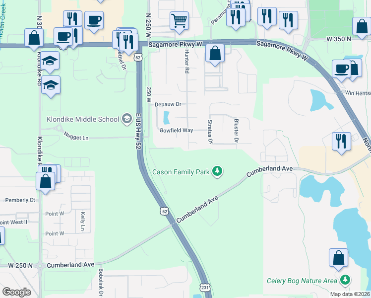 map of restaurants, bars, coffee shops, grocery stores, and more near 2313 Truxton Court in West Lafayette