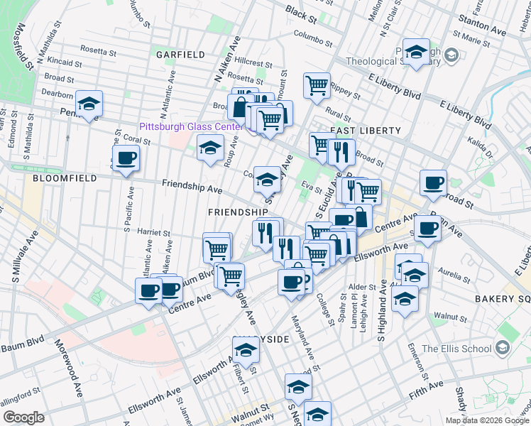 map of restaurants, bars, coffee shops, grocery stores, and more near 215 South Negley Avenue in Pittsburgh