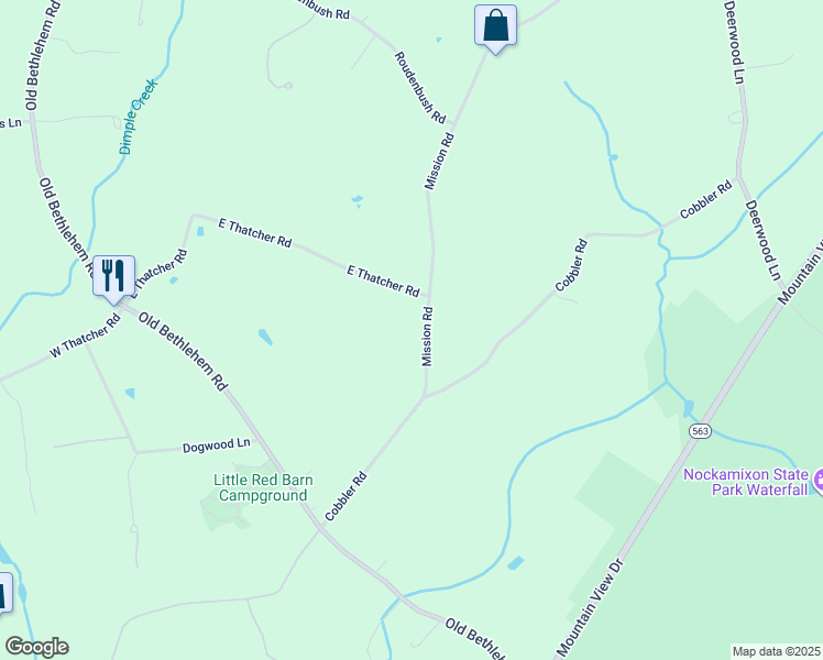 map of restaurants, bars, coffee shops, grocery stores, and more near 1373 Mission Road in Quakertown