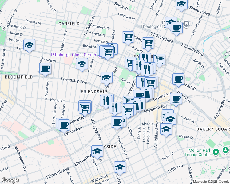 map of restaurants, bars, coffee shops, grocery stores, and more near 225 Amber Street in Pittsburgh