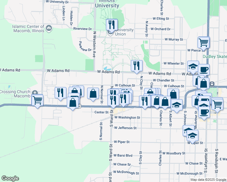map of restaurants, bars, coffee shops, grocery stores, and more near 221 North Ward Street in Macomb