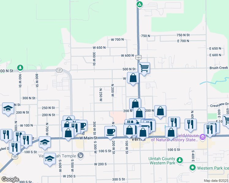 map of restaurants, bars, coffee shops, grocery stores, and more near 161 West 350 North in Vernal