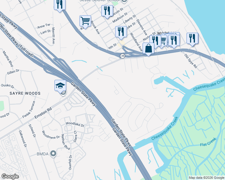 map of restaurants, bars, coffee shops, grocery stores, and more near 3003 Lighthouse Lane in Sayreville