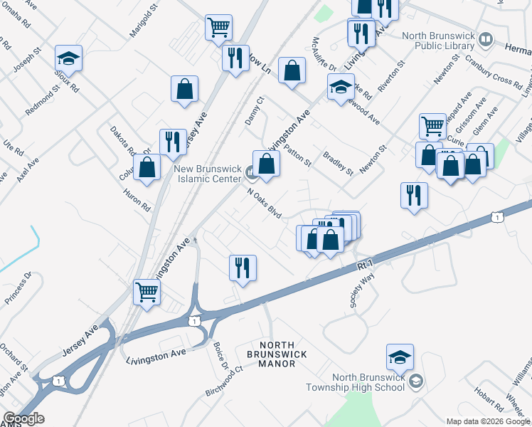 map of restaurants, bars, coffee shops, grocery stores, and more near 414 North Oaks Boulevard in North Brunswick Township