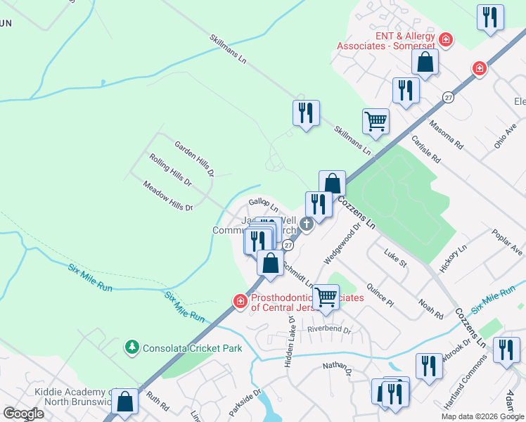 map of restaurants, bars, coffee shops, grocery stores, and more near 37 Gallop Lane in Franklin Township