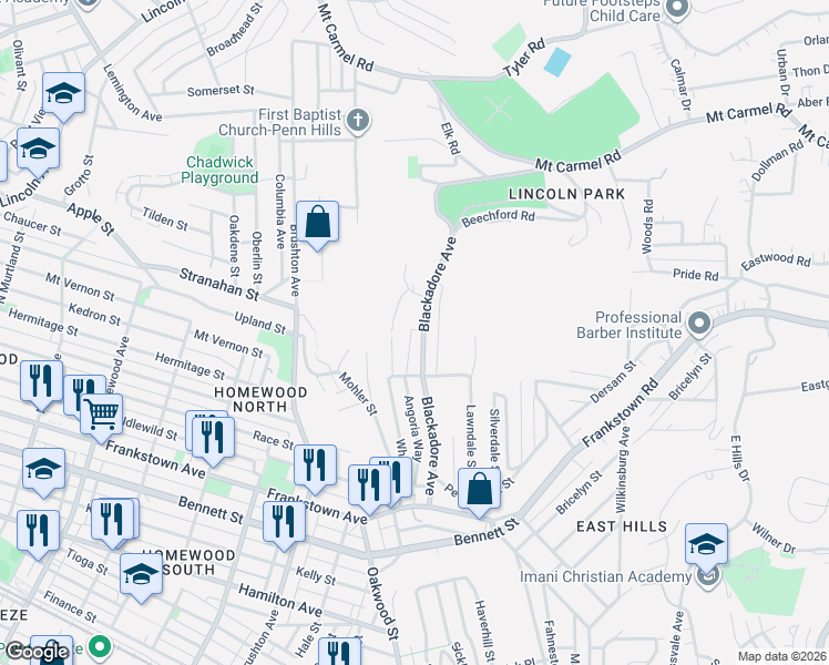 map of restaurants, bars, coffee shops, grocery stores, and more near 1255 Blackadore Avenue in Pittsburgh