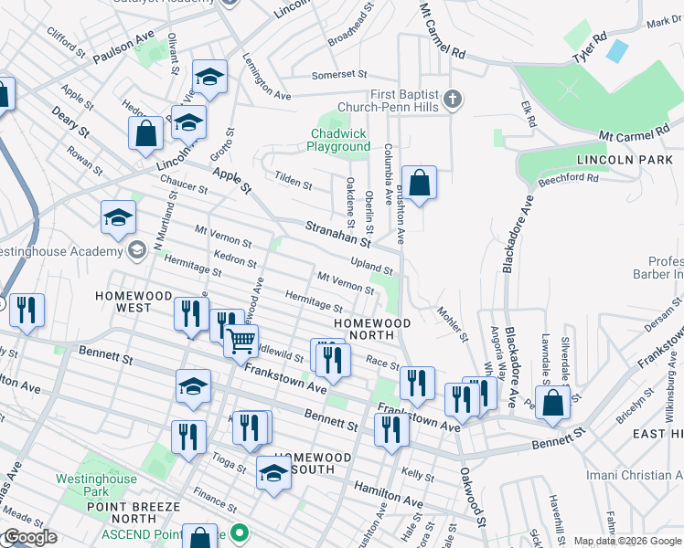 map of restaurants, bars, coffee shops, grocery stores, and more near 7320 Upland Street in Pittsburgh