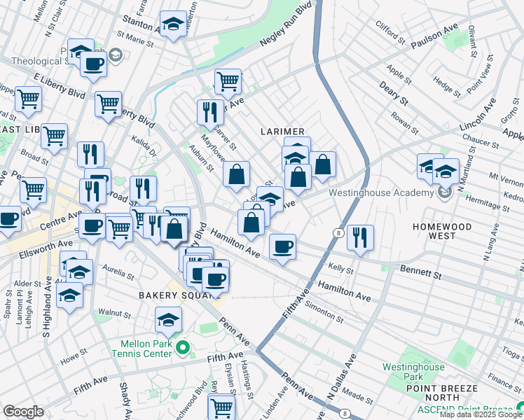 map of restaurants, bars, coffee shops, grocery stores, and more near 302 Mayflower Street in Pittsburgh