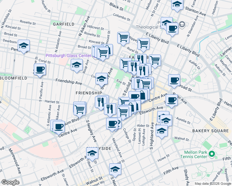 map of restaurants, bars, coffee shops, grocery stores, and more near 225 Amber Street in Pittsburgh