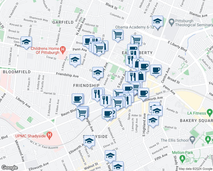 map of restaurants, bars, coffee shops, grocery stores, and more near 225 Amber Street in Pittsburgh