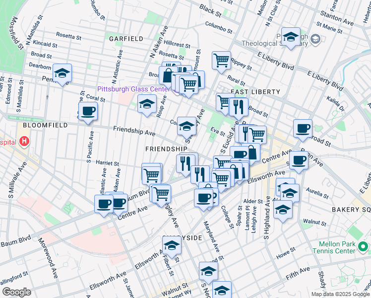 map of restaurants, bars, coffee shops, grocery stores, and more near 215 South Negley Avenue in Pittsburgh
