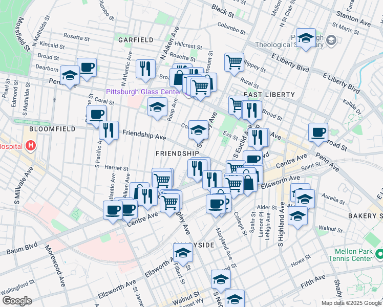 map of restaurants, bars, coffee shops, grocery stores, and more near in Pittsburgh
