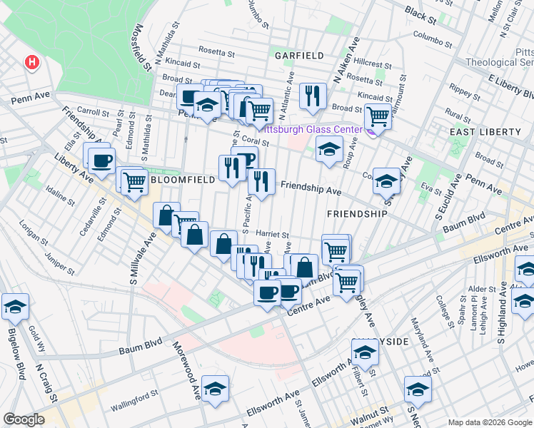 map of restaurants, bars, coffee shops, grocery stores, and more near 342 South Atlantic Avenue in Pittsburgh
