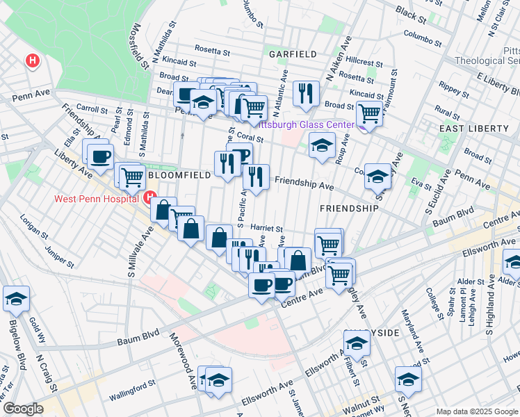 map of restaurants, bars, coffee shops, grocery stores, and more near 342 South Atlantic Avenue in Pittsburgh