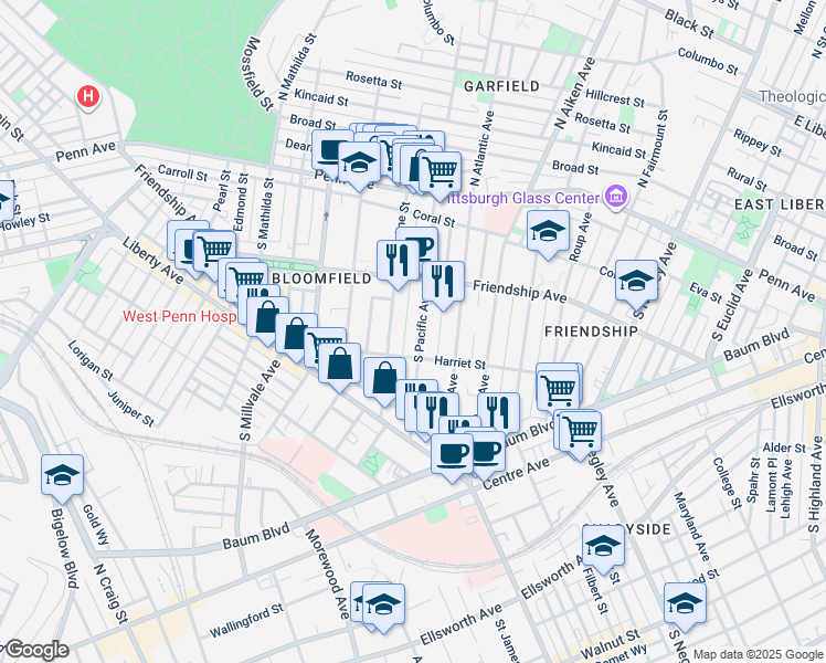 map of restaurants, bars, coffee shops, grocery stores, and more near 332 South Pacific Avenue in Pittsburgh