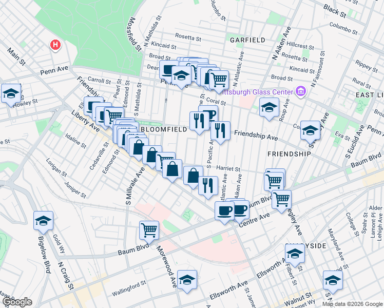 map of restaurants, bars, coffee shops, grocery stores, and more near 339 West Penn Place in Pittsburgh
