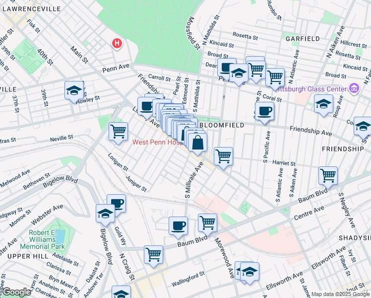 map of restaurants, bars, coffee shops, grocery stores, and more near 4800 Friendship Avenue in Pittsburgh