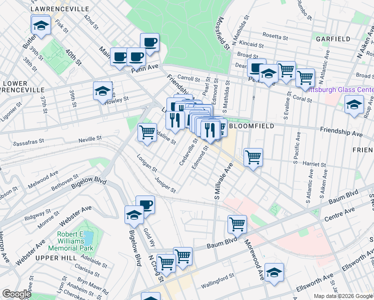 map of restaurants, bars, coffee shops, grocery stores, and more near 328 Garnet Way in Pittsburgh