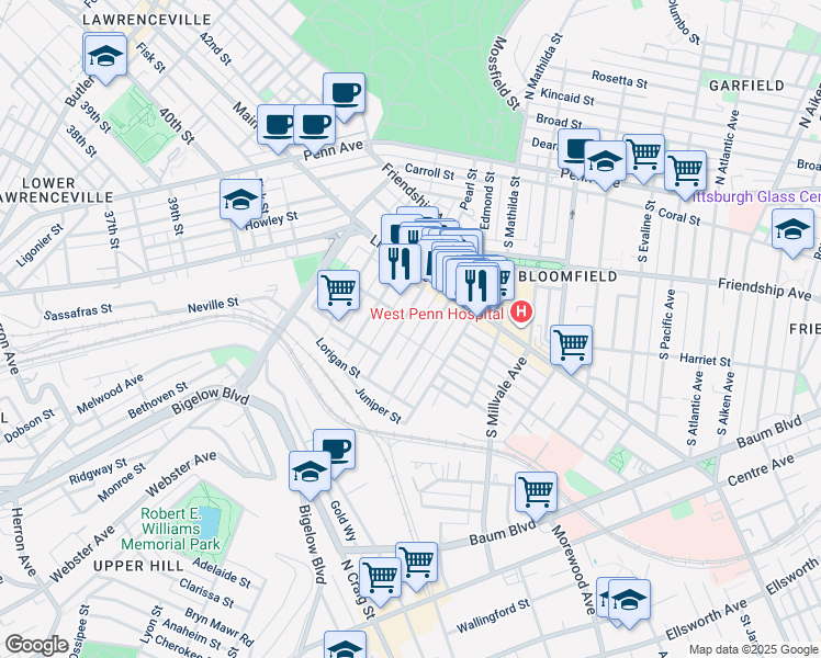 map of restaurants, bars, coffee shops, grocery stores, and more near 328 Garnet Way in Pittsburgh