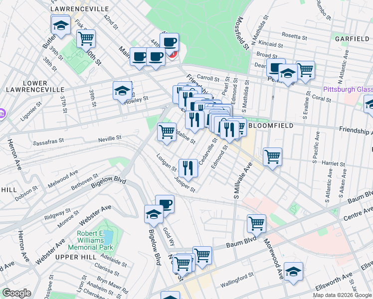 map of restaurants, bars, coffee shops, grocery stores, and more near 405 Sapphire Way in Pittsburgh