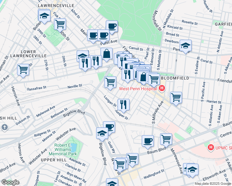 map of restaurants, bars, coffee shops, grocery stores, and more near 425 Orwell Way in Pittsburgh