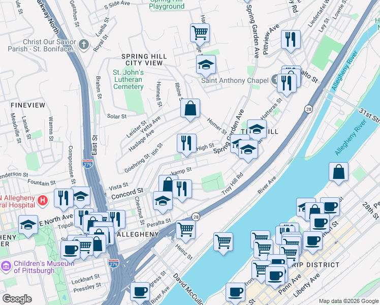 map of restaurants, bars, coffee shops, grocery stores, and more near 1232 High Street in Pittsburgh