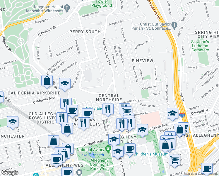 map of restaurants, bars, coffee shops, grocery stores, and more near 1880 Clayton Avenue in Pittsburgh